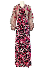 1930s Bright Pink Floral Hand Applique on Silk Dress w Net Sleeves