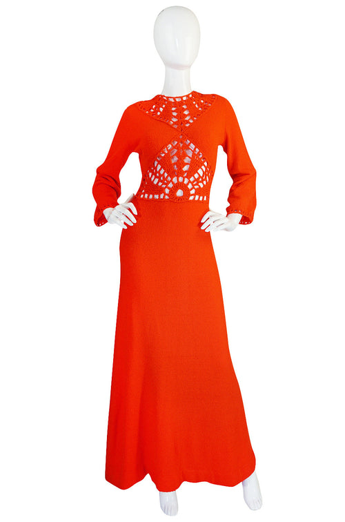 1970s Open Weave Cut Out Crochet Red Knit Dress