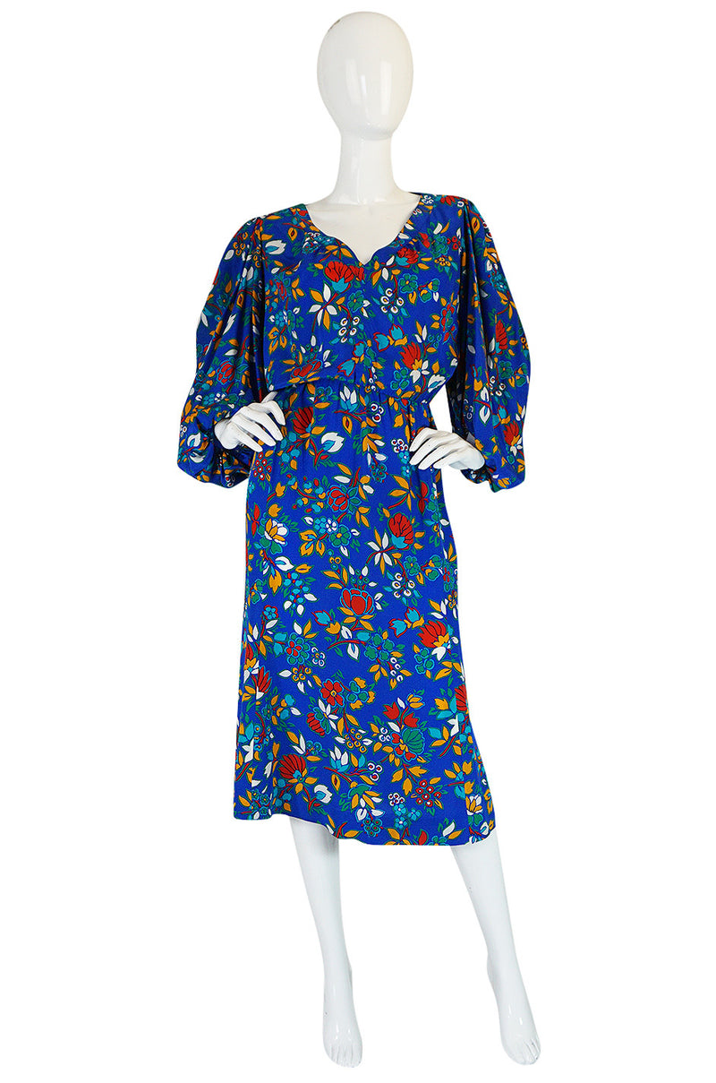 1980s Yves Saint Laurent Bright Floral Print Blue Silk Dress