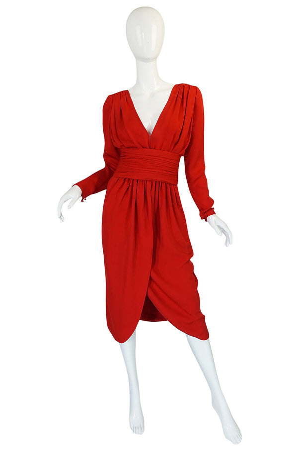 1980s Valentino Haute Couture Plunging Red Silk Dress