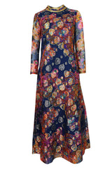 1960s B Cohen Gold Hearts & Blue Floral Print Organza Dress