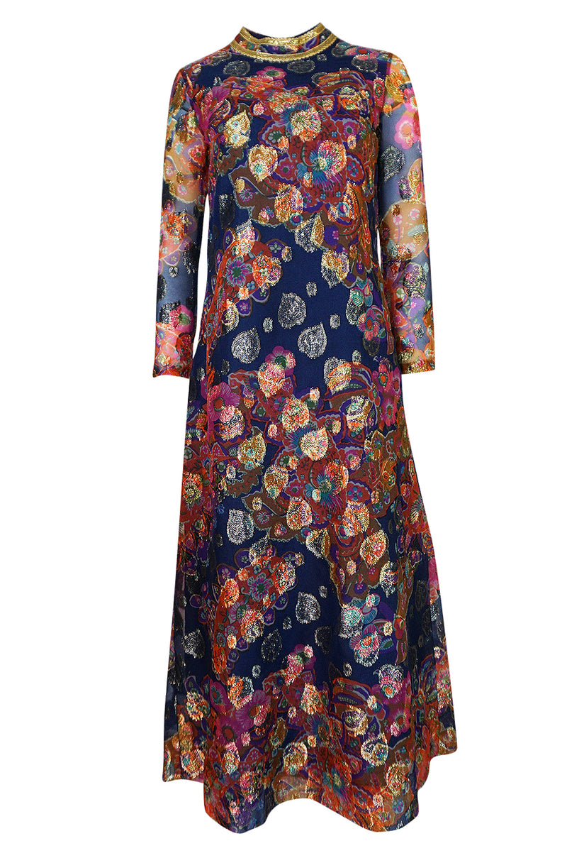 1960s B Cohen Gold Hearts & Blue Floral Print Organza Dress