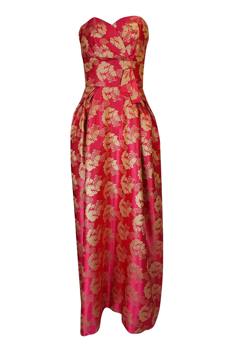 Beautiful 1950s Helena Barbieri Strapless Pink & Gold Silk Brocade Dress