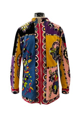 1970s Emilio Pucci Longer Cut Velvet Bright Floral and Medallian Print Jacket