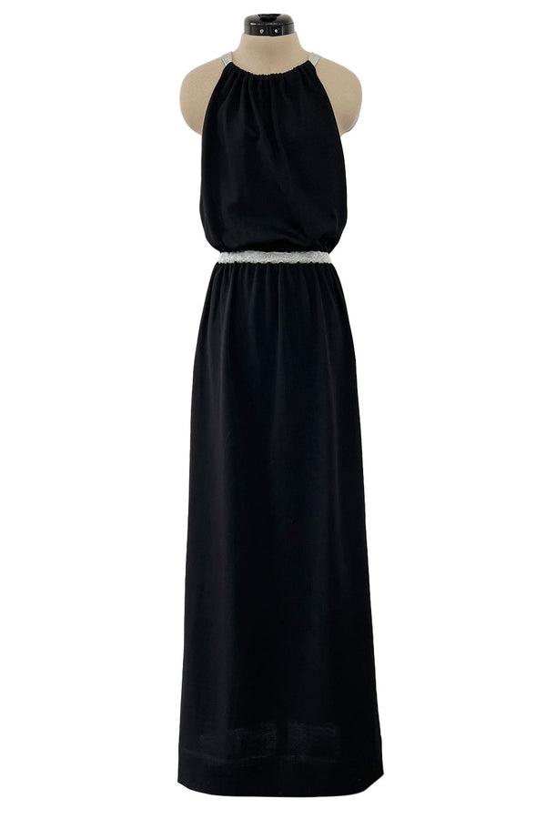 1970s Goldworm Black Knit Backless Dress w Silver Metallic Straps & Elastic Waist
