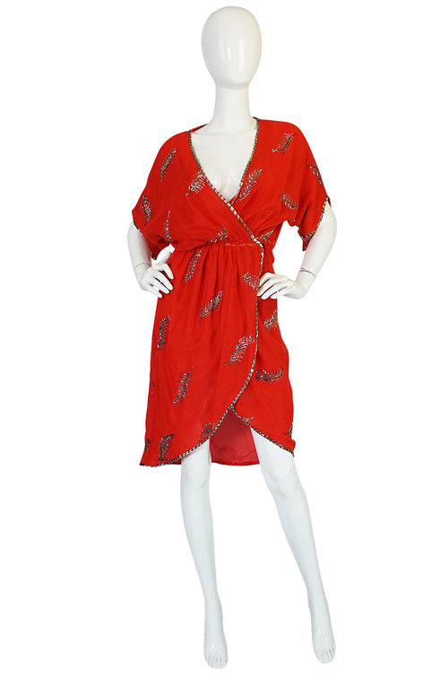 1960s Red Wrap Dress with Beading and Glitter Detail