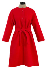 Unusual 1970s Valentino Boutique Red Wool Wrap & Tie Dress w Open Sides and Button Neck