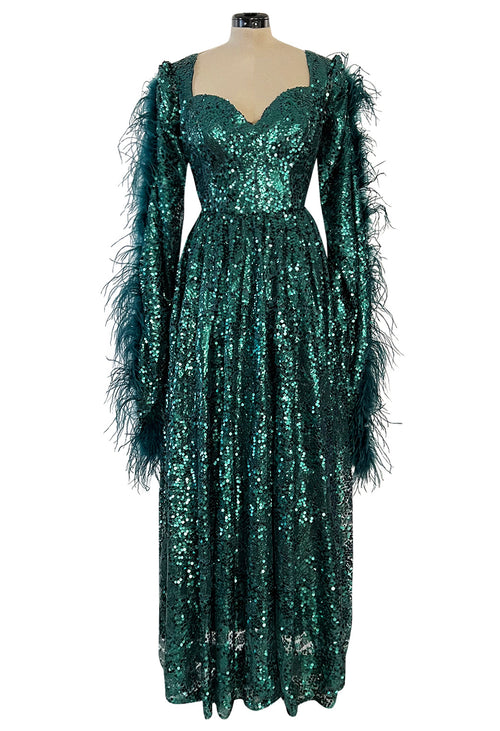 1970s Unlabeled Green Sequin Dress w Dramatic Feather Trimmed Open Extra Long Sleeve
