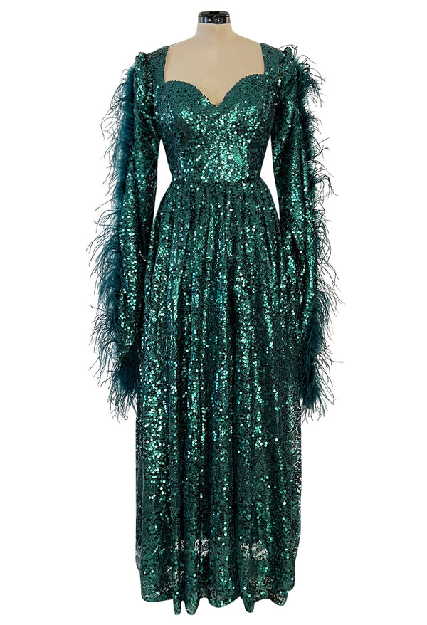 1970s Unlabeled Green Sequin Dress w Dramatic Feather Trimmed Open Extra Long Sleeve