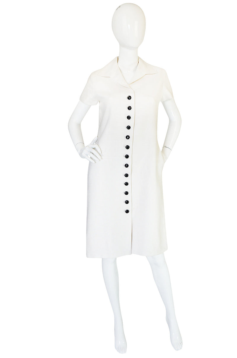 1960s White Linen Black Button Norman Norell Dress