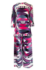 Iconic 1960s Emilio Pucci Pink Print Velvet Pant & Tunic/Dress Set