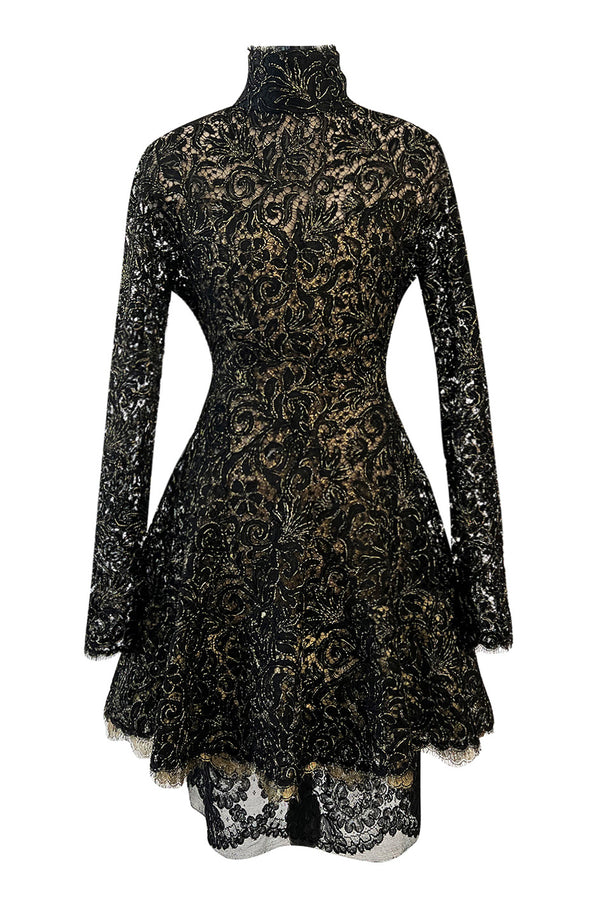 1980s James Galanos Attributed Demi-Couture Black & Metallic Gold Lace Dress Set