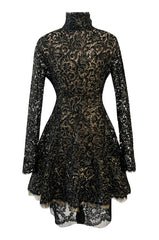 1980s James Galanos Attributed Demi-Couture Black & Metallic Gold Lace Dress Set