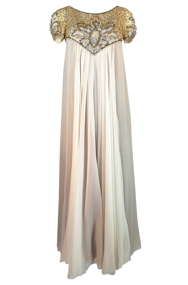c.1958-1965 Helen Rose Hand Beaded Ivory Silk Chiffon & Gold Dress