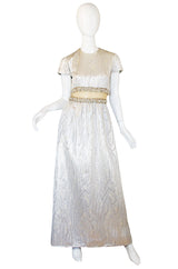 1960s Heavily Beaded Midriff Illusion Silver Gown