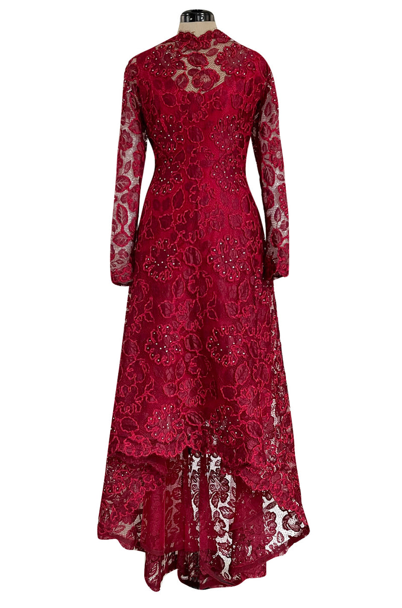 1986 Arnold Scaasi Couture Deep Red Lace Dress w Rhinestone Detailing & Trained Back Skirt