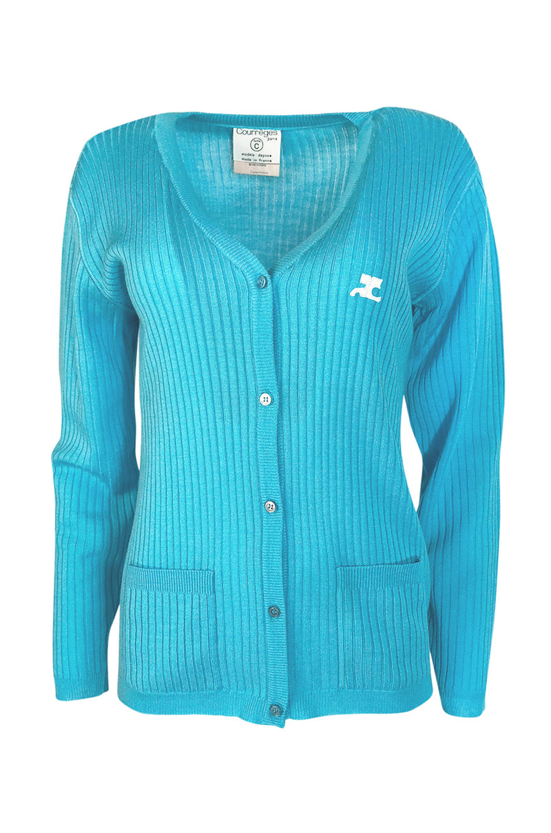 c.1978 Courreges Bright Turquoise Button Up Sweater Cardigan