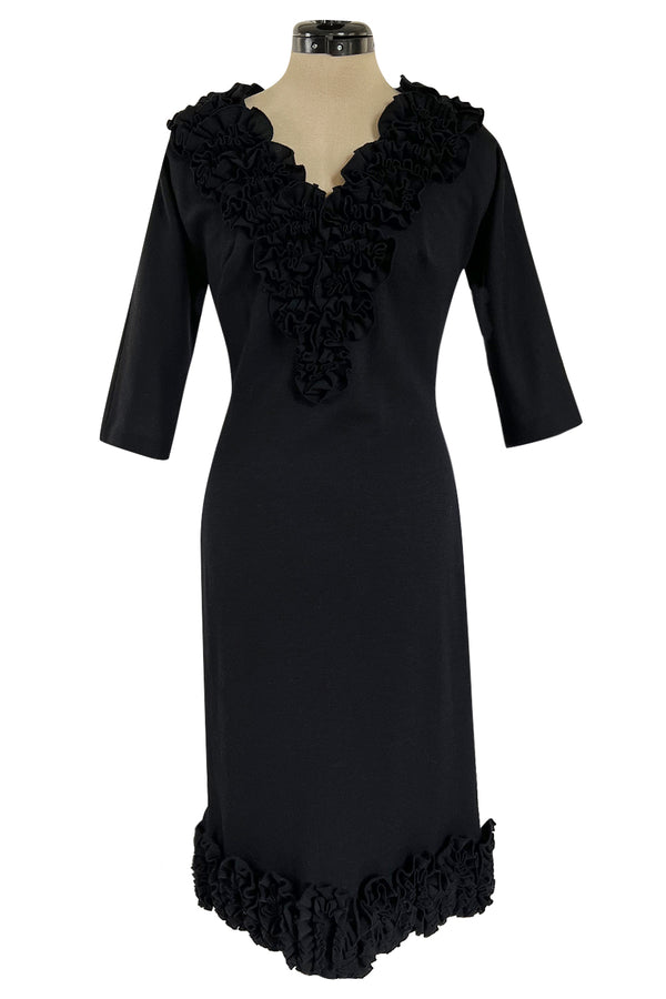 Fabulous Little Late 1950s Unlabeled Black Wool Jersey Ruffled Hem & Collar Dress