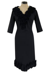 Fabulous Little Late 1950s Unlabeled Black Wool Jersey Ruffled Hem & Collar Dress