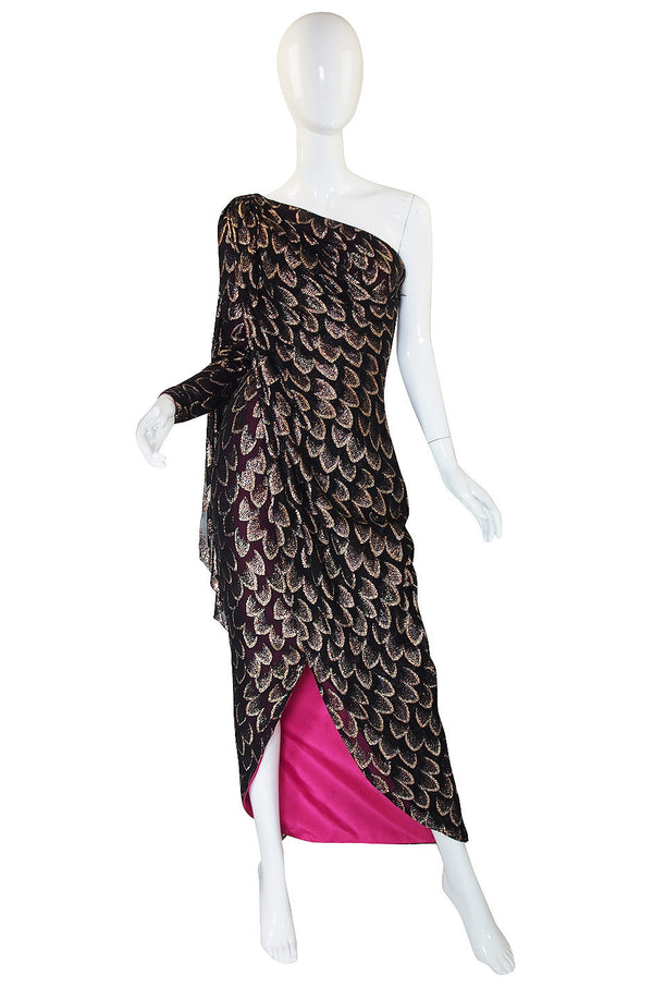 1970s Metallic Chiffon Gown with Pink Lining
