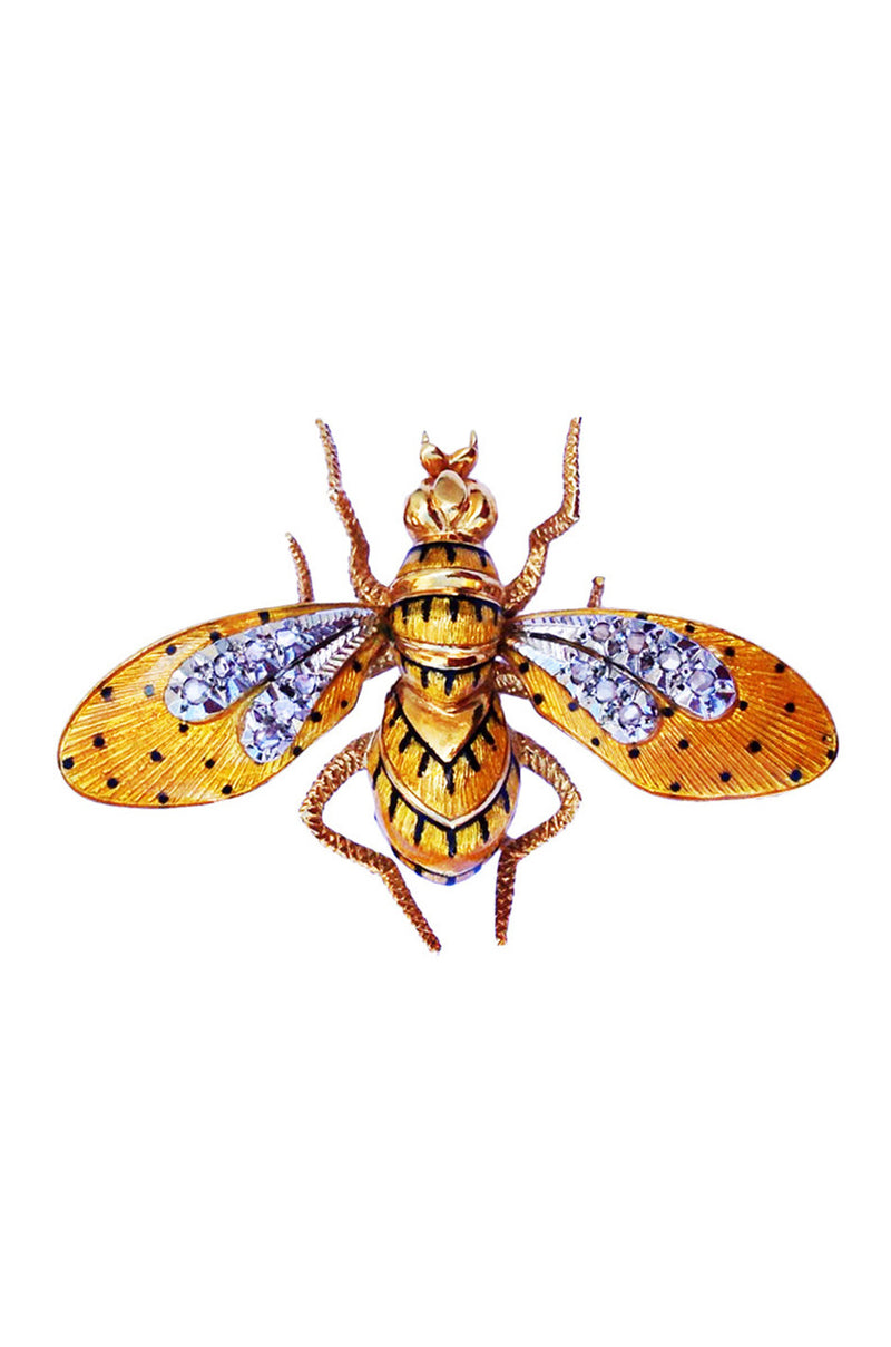 1950s Gold Platinum Diamond Guilloche Enamel Wasp