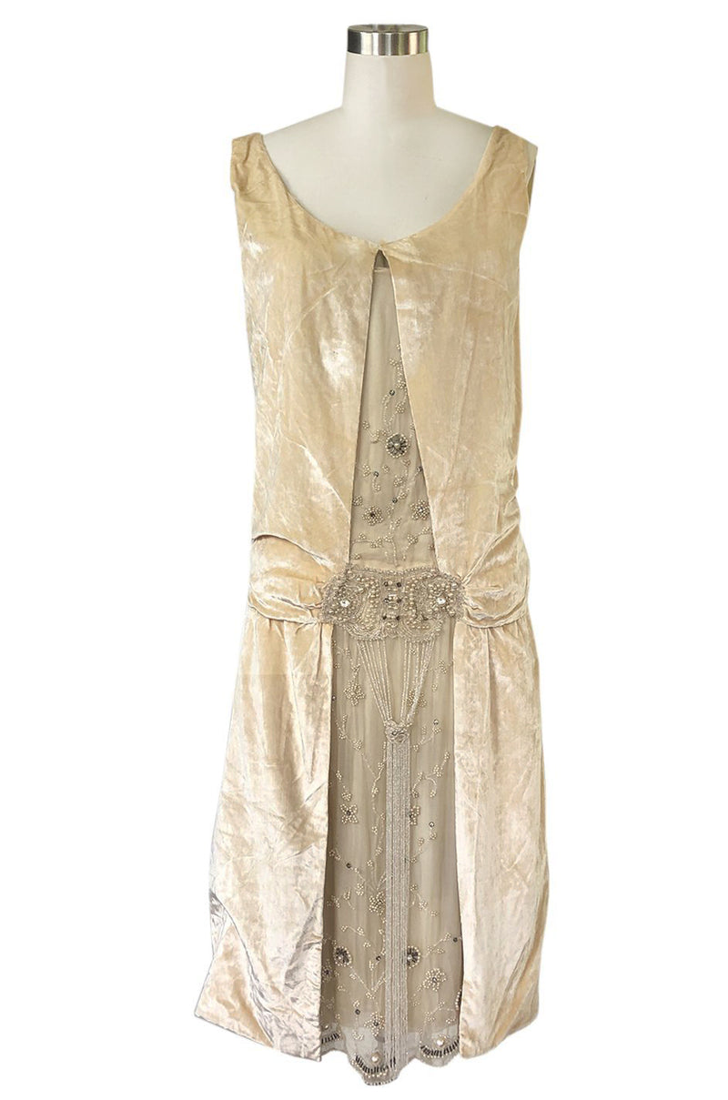 1920s Gold Ivory Silk Velvet & Silk Chiffon Pearl Flower Beaded Dress Shrimpton Couture 1920s Gold Ivory Silk Velvet & Silk Chiffon Pearl Flower Beaded Dress Shrimpton Couture