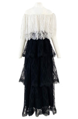 Prettiest 1970s Alfred Bosand Black & White Lace Tiered Off Shoulder Full Length Dress