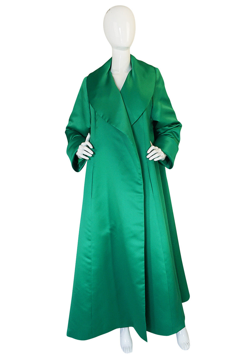 1980s Brilliant Green Silk Satin Evening Full Length Coat