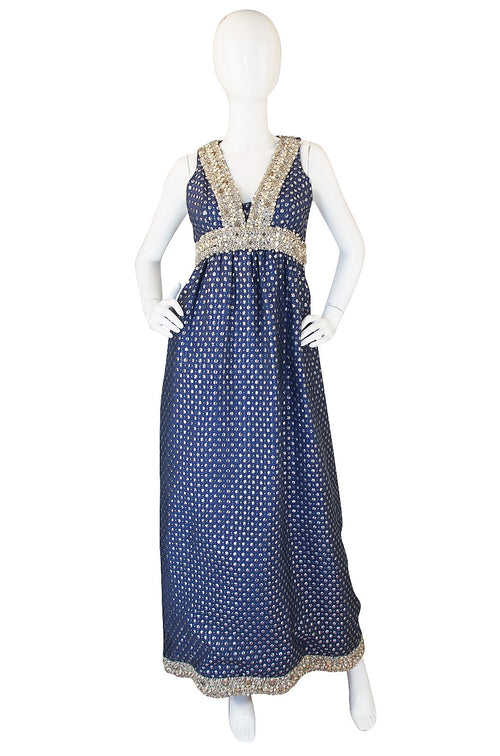 1960s Oscar De la Renta Heavy Beaded Silver Gown