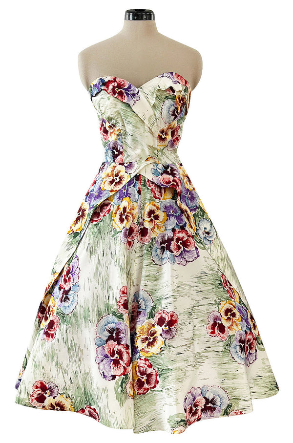 Sweetest 1950s Party Lines by Emma Domb Pansy Print Strapless Dress w Full Skirt