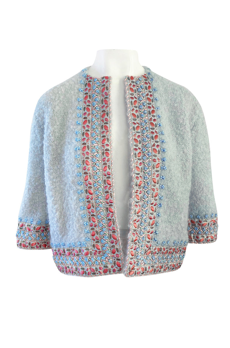 1950s I. Magnin Pale Blue Sweater Cardigan w Silk Ribbon and Hand Done Embroidery Work