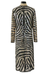 Iconic Late 1970s Halston Rare Iridescent Gold & Black Sequin Tiger Print Dress