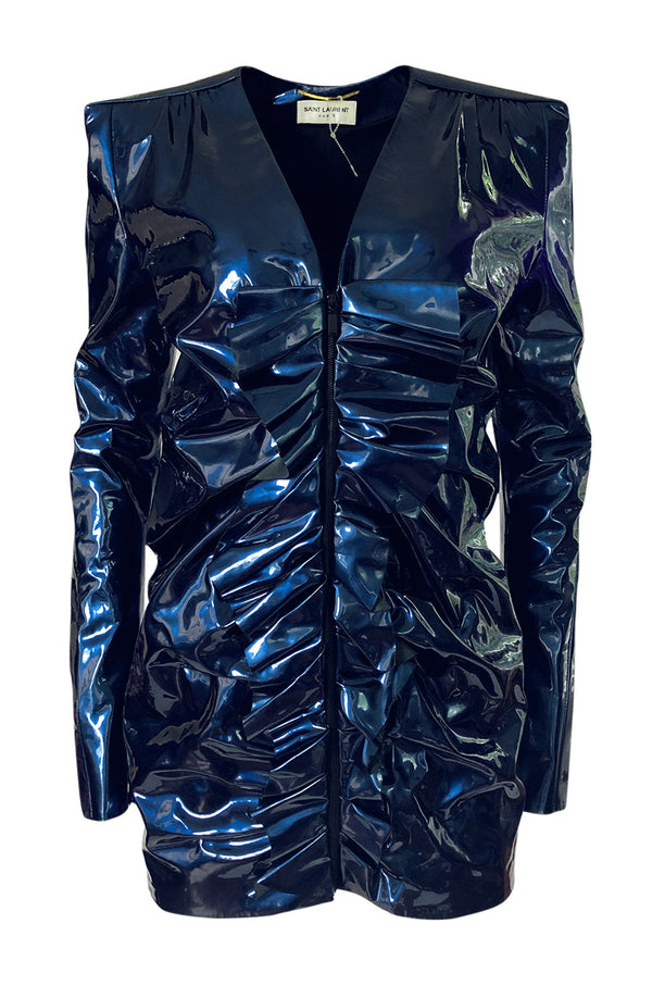 Fall 2017 Yves Saint Laurent Blue Patent Leather Ruffled Runway Dress