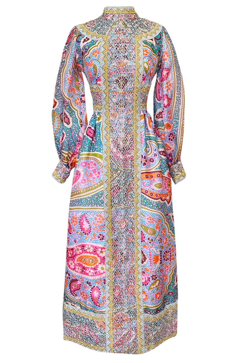 1970s Ronald Amey Pale Pastel Print Dress w Silver & Gold Metallic Det Shrimpton Couture 1970s Ronald Amey Pale Pastel Print Dress w Silver & Gold Metallic Det Shrimpton Couture