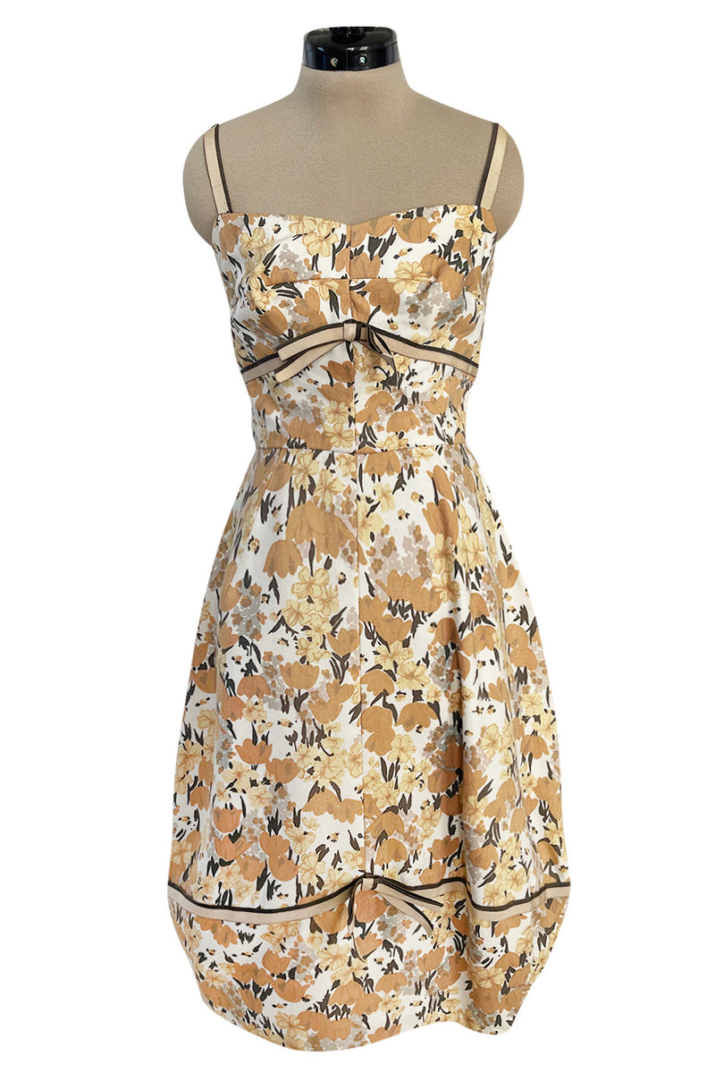 Rare 1960s Jane Derby by Oscar de la Renta Floral Print Dress w Ribbon & Bubble Skirt Detail