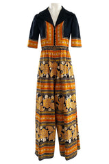 Late 1960s Oscar de la Renta Printed Orange & Black Jumpsuit w Extra Wide Side Slit Legs