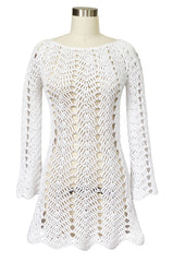 1970s Cobbler Open Weave White Cotton Knit Mini Dress or Tunic