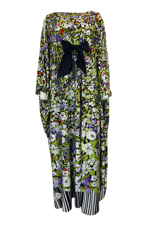 1970s Lanvin Floral Printed Fluid Jersey Ribbon Front Caftan Dress