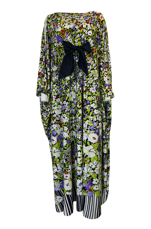 1970s Lanvin Floral Printed Fluid Jersey Ribbon Front Caftan Dress