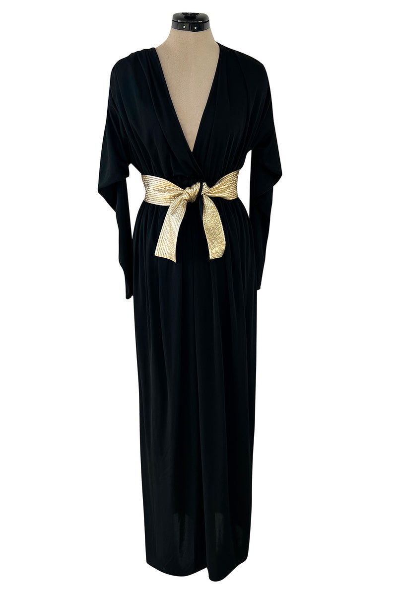 Documented 1980 Bill Tice Plunging Front Black Jersey Dress w Top Stitched Gold Belt