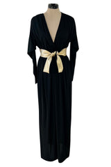 Documented 1980 Bill Tice Plunging Front Black Jersey Dress w Top Stitched Gold Belt