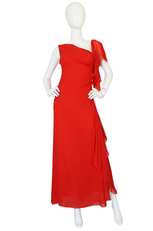 1990s Valentino Plunged Back Red Ruffled Silk Chiffon Dress