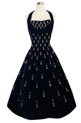 Incredible 1950s Ceil Chapman Jewelled Rhinestone Tear Drop Black Velvet Shelf Bust Dress