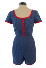 Cutest 1970s Oscar De La Renta Denim Look Cotton Playsuit w Red Braid Trim