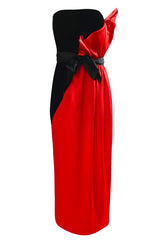 Dramatic 1970s Bill Blass Red Silk & Black Velvet Strapless 'Flame' Dress