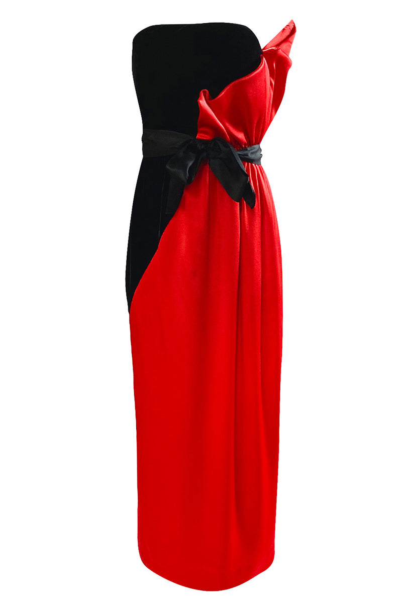 Dramatic 1970s Bill Blass Red Silk & Black Velvet Strapless 'Flame' Dress