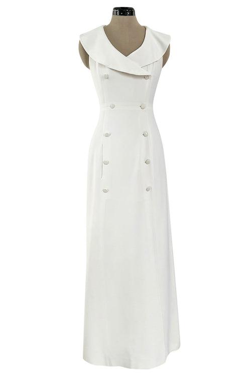 Chic Cruise 1997 Chanel by Karl Lagerfeld White Dress w Large Collar & Logo Buttons