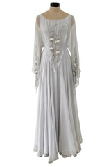 Magical 1970s Jean Varon Palest Silver Grey Chiffon Dress w Amgel Sleeves & Sequins