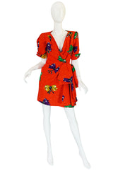1980s Bow Print Odicini Couture Red Wrap Dress