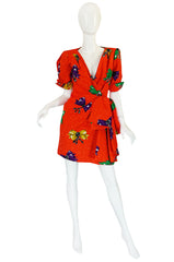 1980s Bow Print Odicini Couture Red Wrap Dress